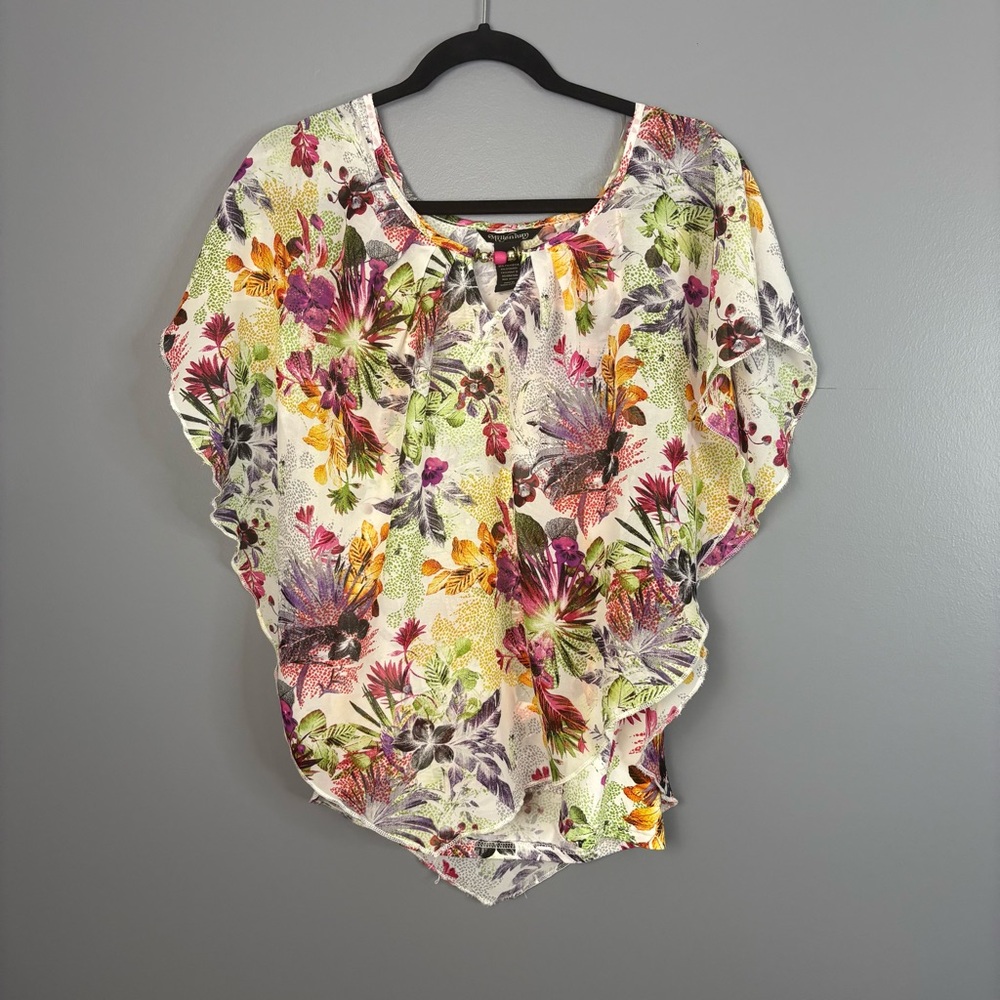 Millenium Floral Chiffon Blouse Sheer Ruffle Boho Top Lightweight